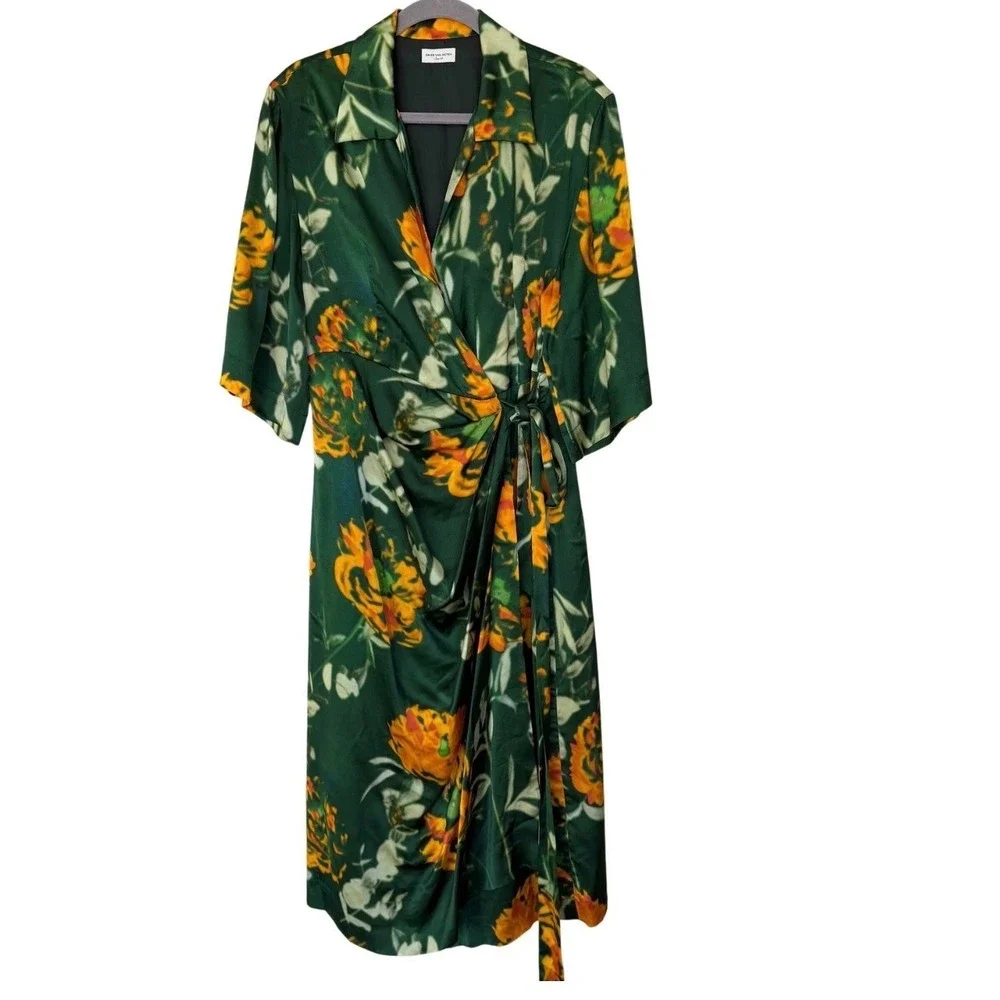 Dries Van Noten Dakola Printed Wrap Midi Dress Size 40 (US8) Green Floral Print - Picture 2 of 10